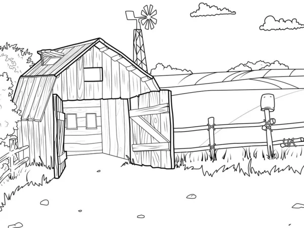 Agricultural yard, barn, field and wind farm. Children coloring book. — Stock Vector