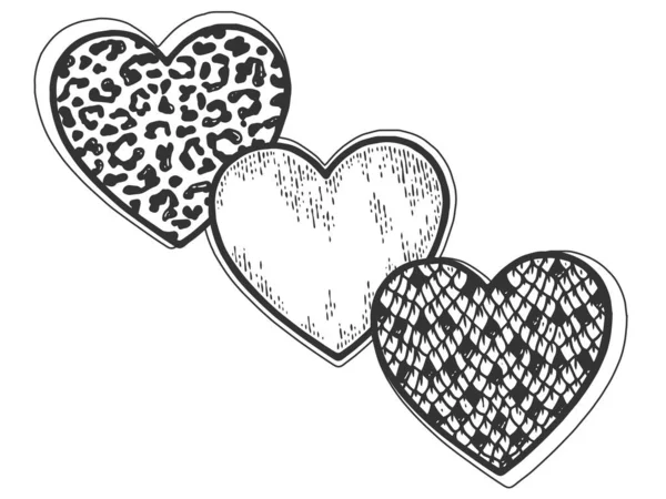 Drei Herzen, Schlange, Leopard und Sketch. Zeichen und Symbol der Liebe. Scratch Board Imitation Färbung — Stockfoto