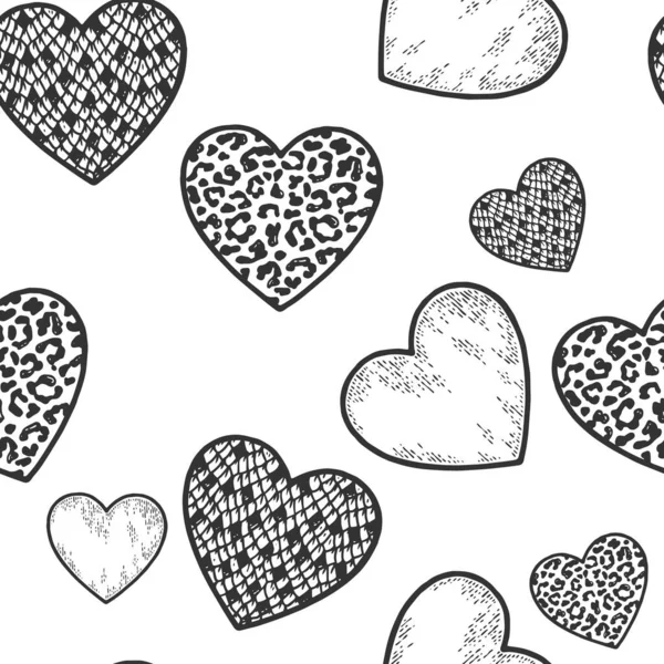 Tre hjärtan, orm, leopard och skiss. Tecken och symbol för kärlek. Sömlös bakgrund. — Stock vektor