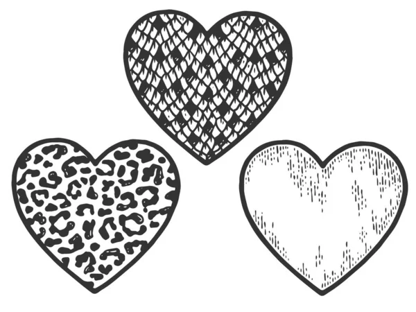 Drei Herzen in der Nähe, Schlange, Leopard und Sketch. Zeichen und Symbol der Liebe. Scratch Board Imitation Färbung — Stockfoto