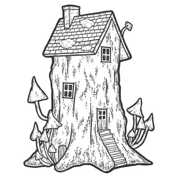 房子的树桩和蘑菇。美妙的住宿。划痕划痕. — 图库矢量图片