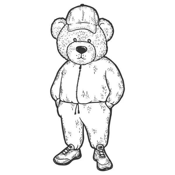 Teddy bear in sports clothes and a cap. Sketch scratch board imitation coloring. — Stock Vector