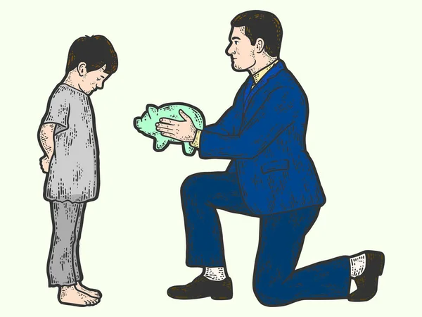 Caridade. Empresário dá uma cor porquinho banco, finanças para uma criança pobre. — Vetor de Stock