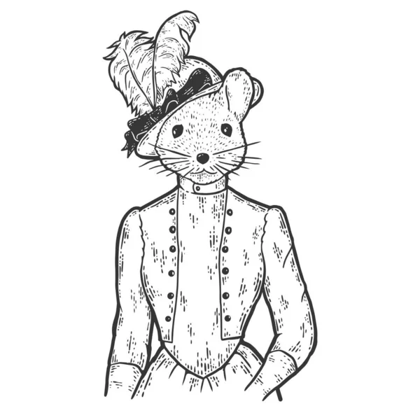 Striped pole myszy kobieta w vintage clothing.Fashion charakter zwierzęcia. Ręcznie rysowane szkice.Striped pole myszy kobieta w zabytkowej odzieży. Ręcznie rysowany szkic. — Zdjęcie stockowe