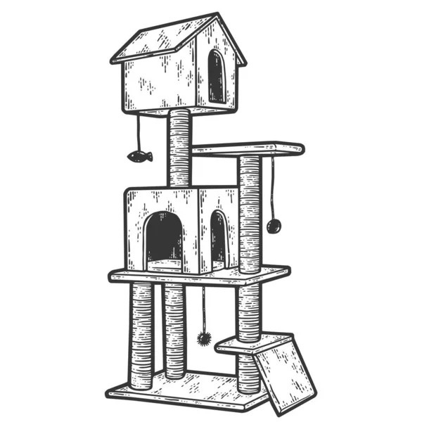 Kattenboom met kattenhok en krabpaal. Geïsoleerde dierenvoorraad. Schets krabplank imitatie. — Stockvector