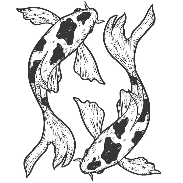 Due carpe di Koi di pesce, che si muovono in cerchio. Disegno graffio bordo imitazione colorazione. — Foto Stock