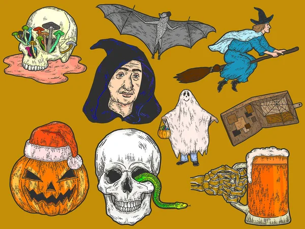 Halloween grote set, schets tekeningen. Kleur krasbord imitatie. — Stockvector