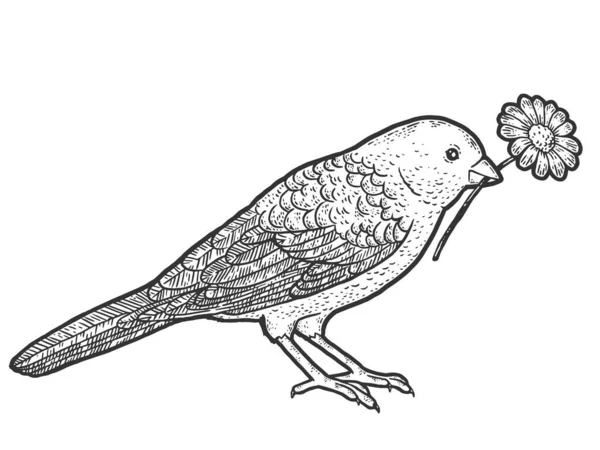 Το πουλί κρατάει στο ράμφος του ένα λουλούδι. Απομίμηση χαρτονιού σκετς. Ασπρόμαυρο. Διάνυσμα χάραξης. — Διανυσματικό Αρχείο