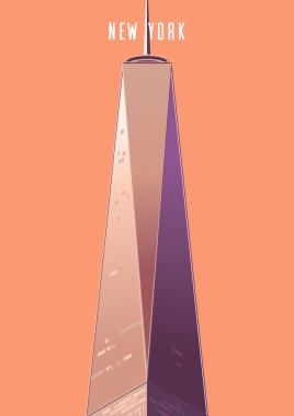 Vektör çizim. Poster.Freedom kule bina yüksek katlı bina, turistik New York'ta izometrik perspektifte. Karikatür tarzı.