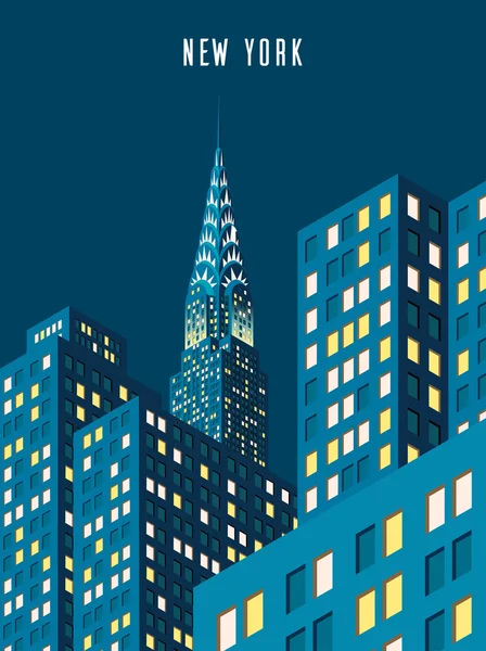 벡터 일러스트입니다. 도시 풍경입니다. 밤 뉴욕, 크라이슬러 빌딩입니다. 아이소메트릭 원근법입니다. 만화 스타일. — 스톡 벡터