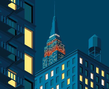Vektör çizim. Poster. Gece İmparatorluğu devlet bina yüksek katlı bina, turistik New York'ta izometrik perspektifte. Karikatür tarzı.