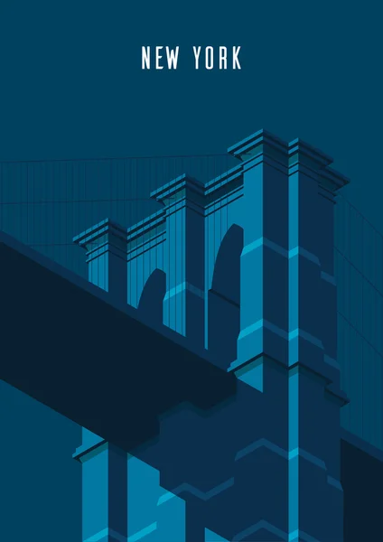 Vektorové ilustrace. Poster.Night Brooklyn Bridge, turistická atrakce v izometrické perspektivy v New Yorku. Kreslený styl. — Stockový vektor