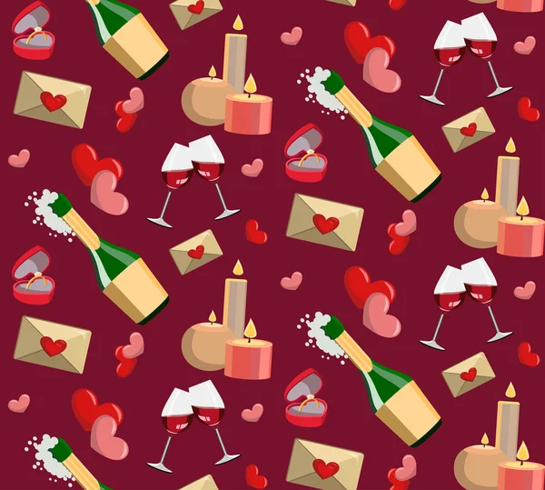 Kreslený romantický vzor bezešvé na Valentýna. Abstraktní tapety, pozadí s valentinky, šampaňské, víno, svíčky, dopis a prsten. — Stockový vektor