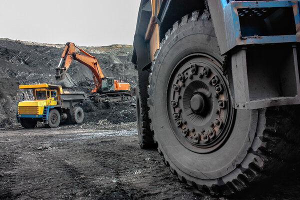 Excavator loading mining truck
