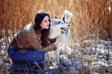 Husky köpek sarılma güzel ve genç birbayan. . Kafa kafaya