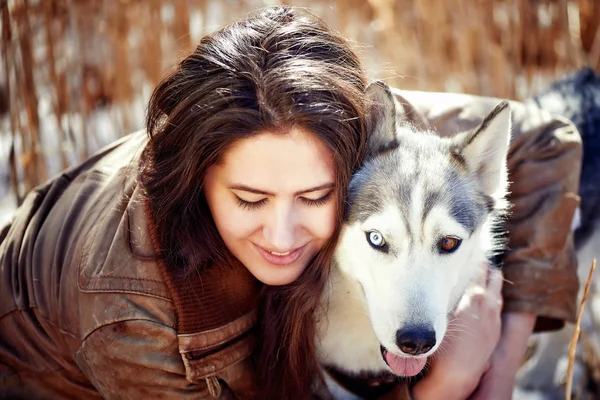 美しい若い女性のハスキー犬を抱いてします。.大接戦 — ストック写真