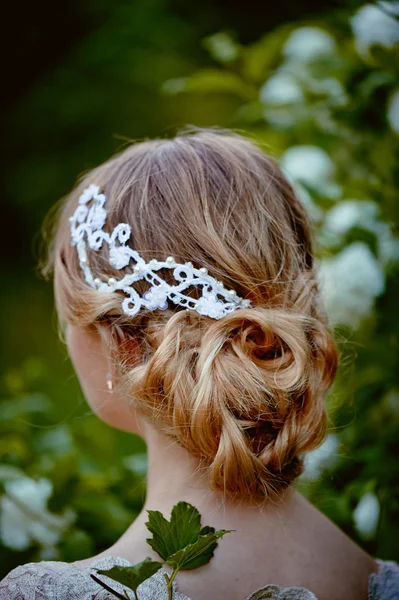 Beautiful hair on her head blonde,  clip lace handmade