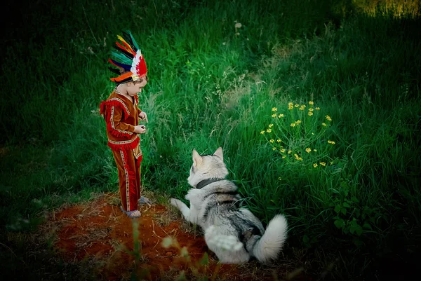 Pequeño niño en traje rojo indio juega con perro husky corre en el campo y senderos —  Fotos de Stock