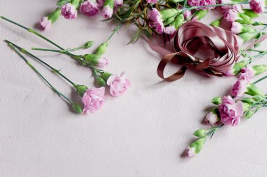 üzerine hafif kumaş narin pembe karanfil yeşil yaprakları