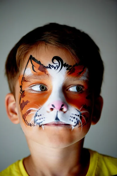 Garçon ans avec des yeux bleus peinture faciale d'un chat ou un tigre. Gris . — Photo