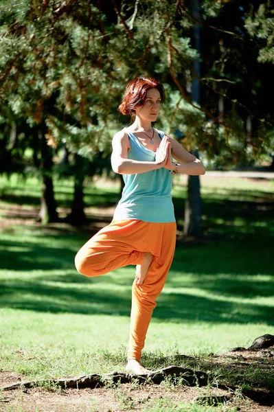 Young beautiful red-haired girl does yoga in Park on green background. . — Zdjęcie stockowe