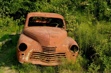 Yeşillikle kaplanmış paslı eski bir araba. Terk edilmiş şehir, filo.