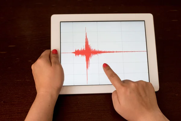 Kırmızı bir deprem bir tablet üzerinde gösteren bir kadın el