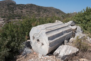 Yunanistan yeşil çalıların arasında beyaz mermer sütun parçası