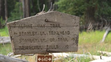 Sırt çantalı biri Alpine Way Trail, Stanley Lake Trailhead ve BridalVeil Falls 'un kesiştiği Idaho' nun Sawtooth kırsalındaki kavşaktaki tahta patika işaretinin yanından geçiyor..