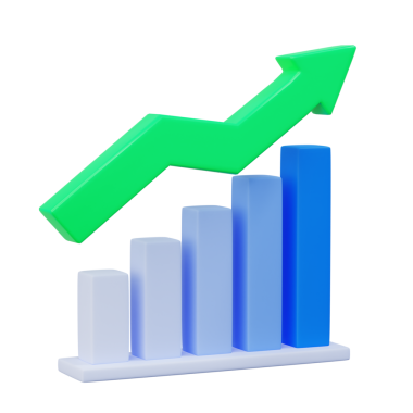 3d illüstrasyon çubuğu grafiği yükselen yeşil ok, veri analizi konsept tasarımı ile yukarı gider