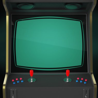 Vintage arcade oyun makinesi piksel kalp simgesi renkli denetleyicileri ve izole ekran kabin.