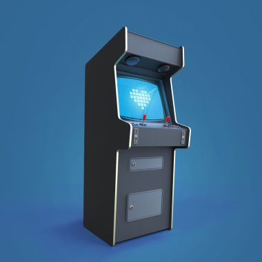 Vintage arcade oyun makinesi piksel kalp simgesi renkli denetleyicileri ve izole ekran kabin.