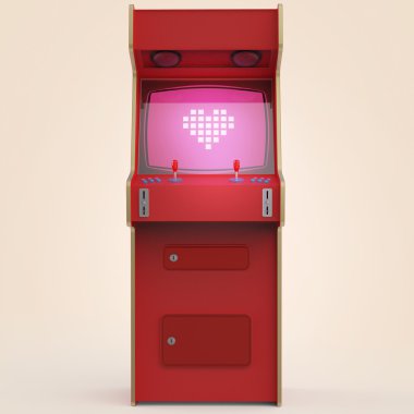 Vintage arcade oyun makinesi piksel kalp simgesi renkli denetleyicileri ve izole ekran kabin.