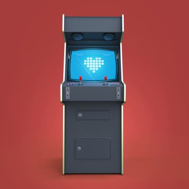 Vintage arcade oyun makinesi piksel kalp simgesi renkli denetleyicileri ve izole ekran kabin.