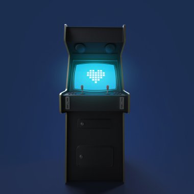 Vintage arcade oyun makinesi piksel kalp simgesi renkli denetleyicileri ve izole ekran kabin.