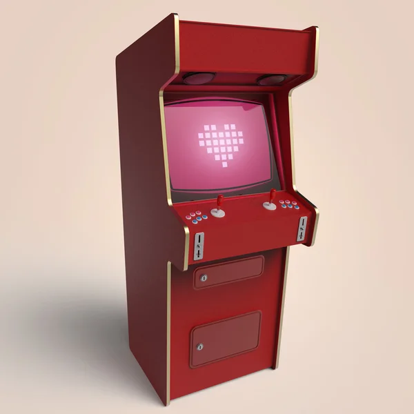 vintage arcade game machine cabinet with pixel heart icon colorful controllers and screen isolated.