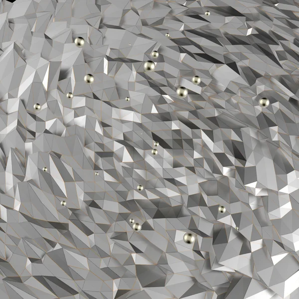 Superficie triangular arrugada abstracta poligonal con esferas de metal flotando por encima —  Fotos de Stock