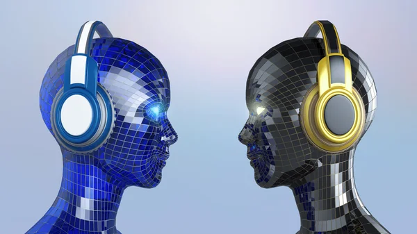 Zwei bunte Disco-Roboterköpfe mit leuchtenden Augen in großen Kopfhörern, die einander gegenüberstehen, — Stockfoto