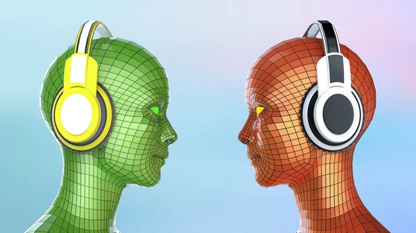 Two colorful disco girl-robot heads with shining eyes in big headphones facing each other, — Stock Photo, Image