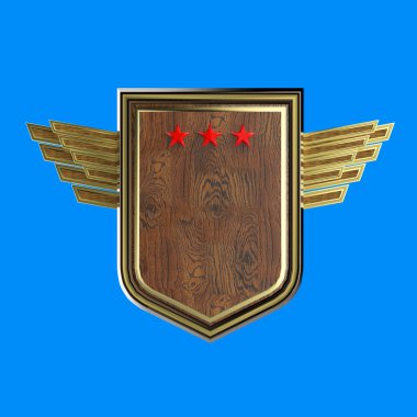 Üç yıldız ve stilize kanatları, işleme, izole hight kalite ile gerçekçi boş kalkan. 