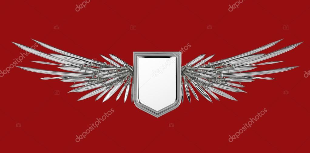 Realistic blank shield with stylized wings made of swords, blades and daggers, high quality 3d rendering, isolated. Logo, badge, achievement, sign, design element