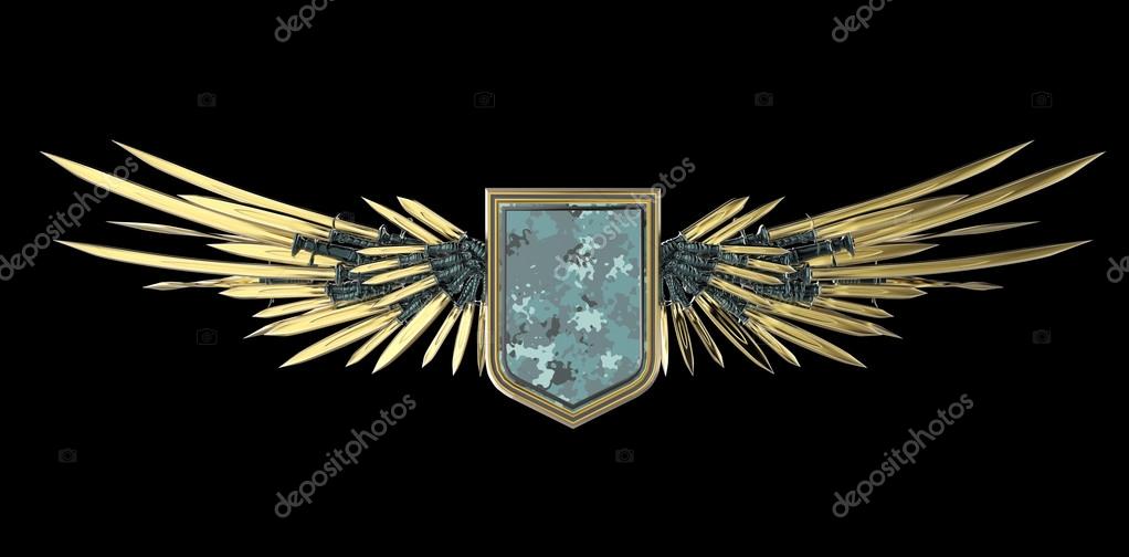 Realistic blank shield with stylized wings made of swords, blades and daggers, high quality 3d rendering, isolated. Logo, badge, achievement, sign, design element
