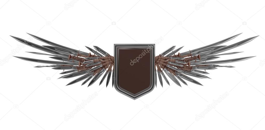 Realistic blank shield with stylized wings made of swords, blades and daggers, high quality 3d rendering, isolated. Logo, badge, achievement, sign, design element