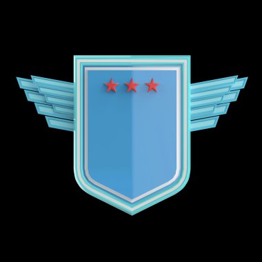 Üç yıldız ve stilize kanatları, işleme, izole hight kalite ile gerçekçi boş kalkan.