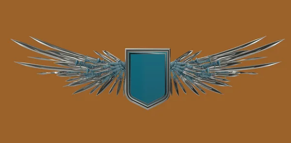 Реалістичний чистий щит зі стилізованими крилами з мечів, лопатей і кинджалів — стокове фото