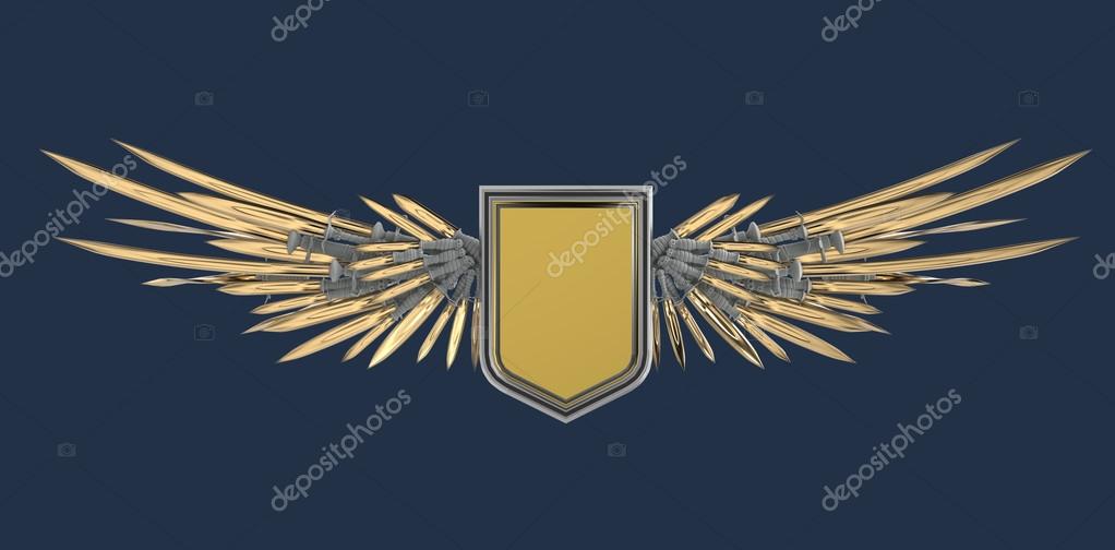 Realistic blank shield with stylized wings made of swords, blades and daggers, high quality 3d rendering, isolated. Logo, badge, achievement, sign, design element