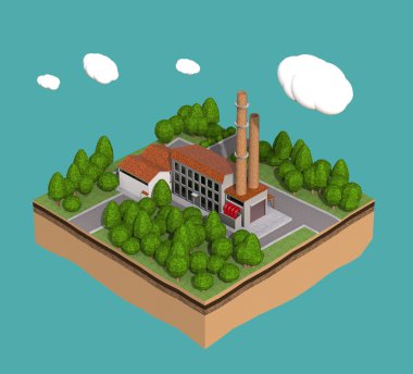 küçük fabrika bacaları ağaçlar küçük ada kabarık stilize bulutlar izole mavi zemin üzerine çevrili ile.
