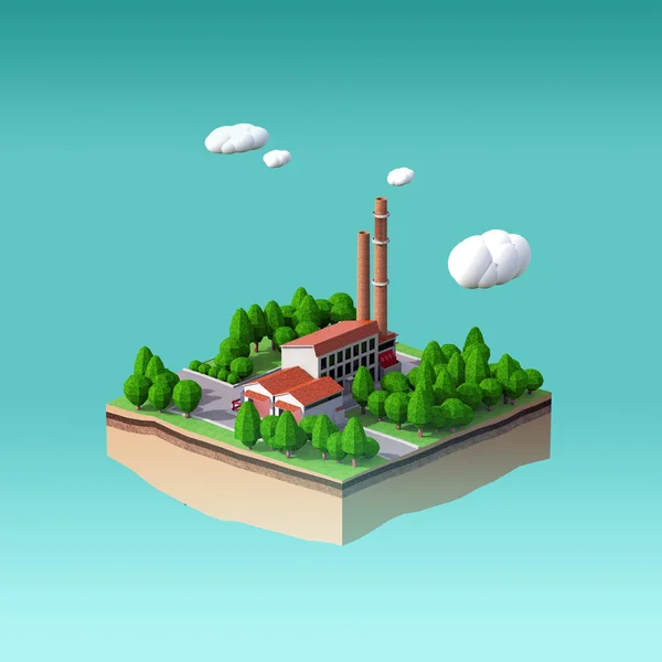 Fabryka małe z kominów w otoczeniu drzew na małej wyspie puszyste chmury stylizowane na białym tle niebieski. — Zdjęcie stockowe