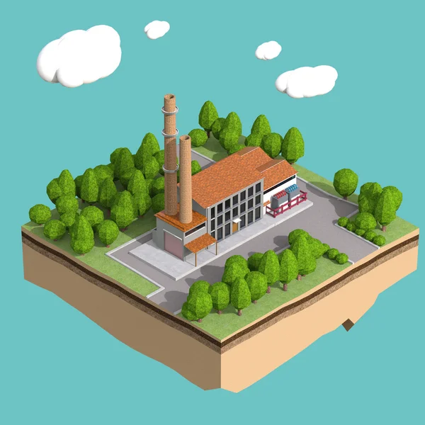 little factory with chimneys surrounded by trees on small island  fluffy stylized clouds isolated blue background.