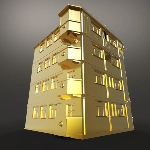 Блискучий золотий будинок вид збоку даху ізольований на темному фоні . — стокове фото